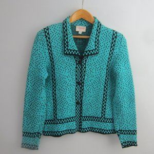 Vtg Moss Designs McLean VA Womens Large Blue Black LS Collared Cardigan Sweater